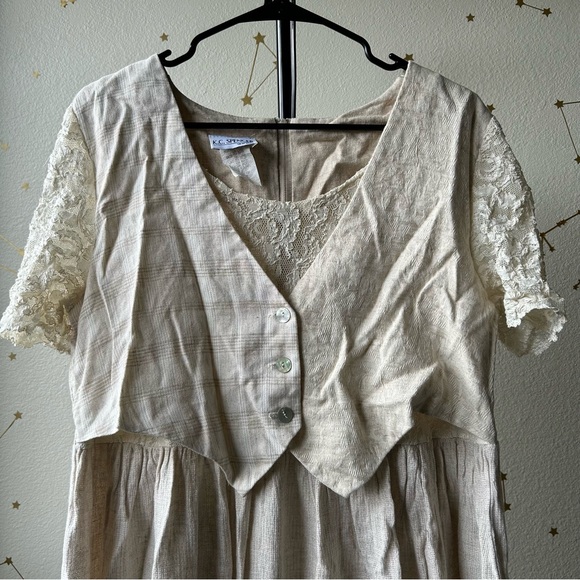 Vintage K.C. Spencer Cream/Beige Midi Dress w/Lace Short Sleeves - Picture 2 of 10
